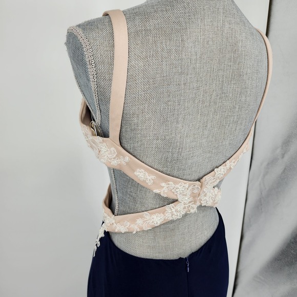 Nina Canacci Formal Evening Dress 10 Embellished Beaded Cut Out Navy‎ Blue Cream - Picture 12 of 15